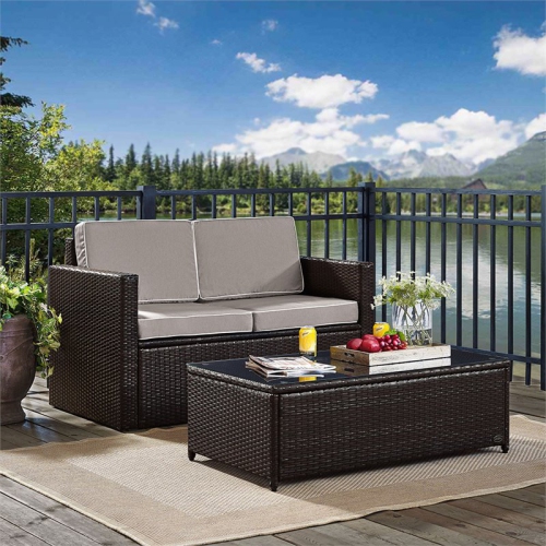 Crosley Palm Harbor 2 Piece Wicker Patio Sofa Set in Brown and Gray