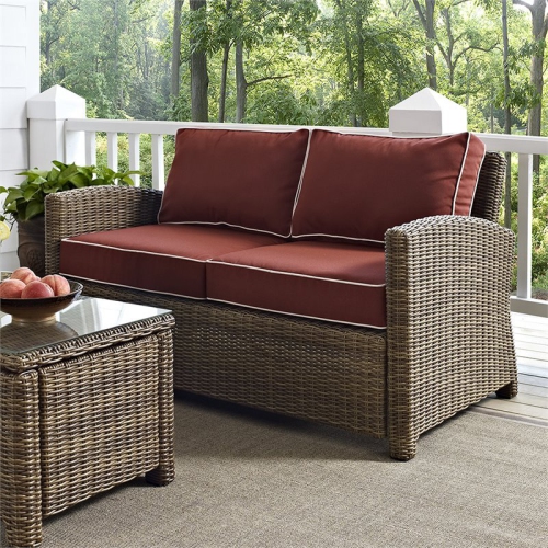 Crosley Bradenton Wicker Patio Loveseat in Brown and Sangria