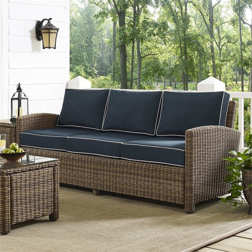 Crosley Bradenton Wicker Patio Sofa in Brown and Navy