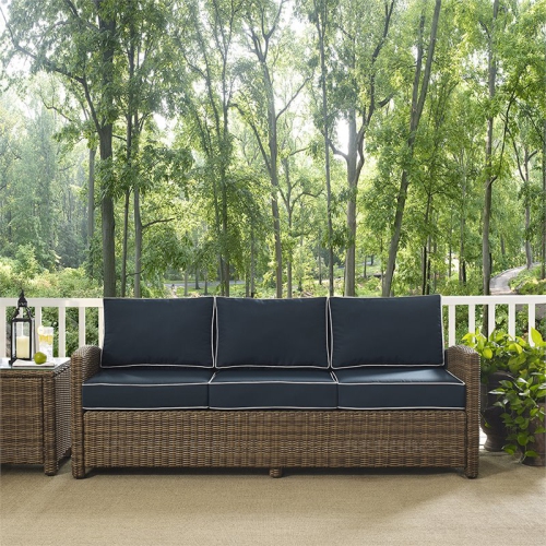 Crosley Bradenton Wicker Patio Sofa in Brown and Navy