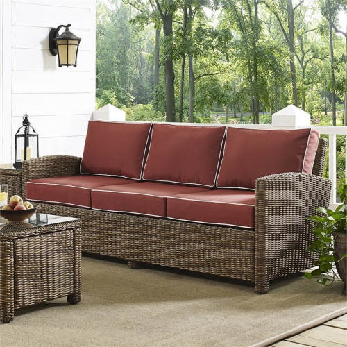 Crosley Bradenton Wicker Patio Sofa in Brown and Sangria