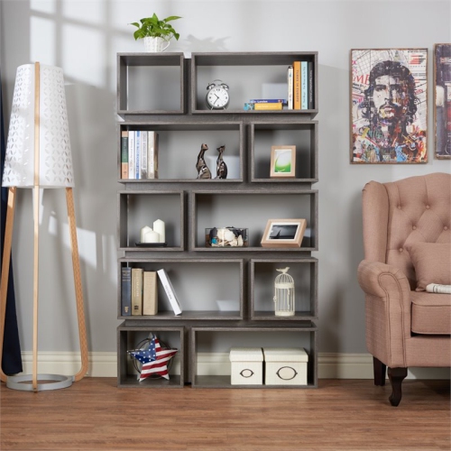 FURNITURE OF AMERICA  Ariana Wood Geometric Bookcase In Distressed In Gray
