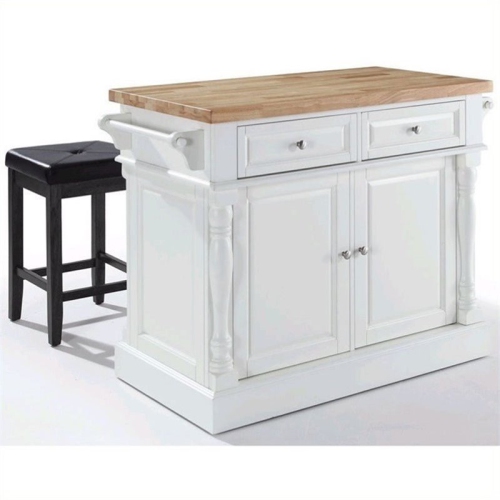 Crosley Oxford Butcher Block Top Kitchen Island with Square Stools in White
