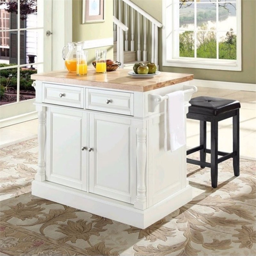 Crosley Oxford Butcher Block Top Kitchen Island with Square Stools in White