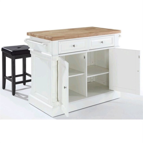 Crosley Oxford Butcher Block Top Kitchen Island with Square Stools in White