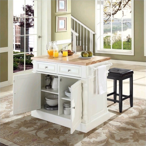 Crosley Oxford Butcher Block Top Kitchen Island with Square Stools in White