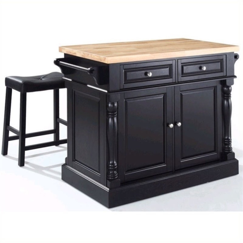 Crosley Oxford Butcher Block Top Kitchen Island with Saddle Stools in Black