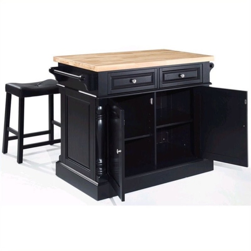 Crosley Oxford Butcher Block Top Kitchen Island with Saddle Stools in Black