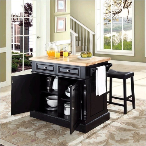 Crosley Oxford Butcher Block Top Kitchen Island with Saddle Stools in Black