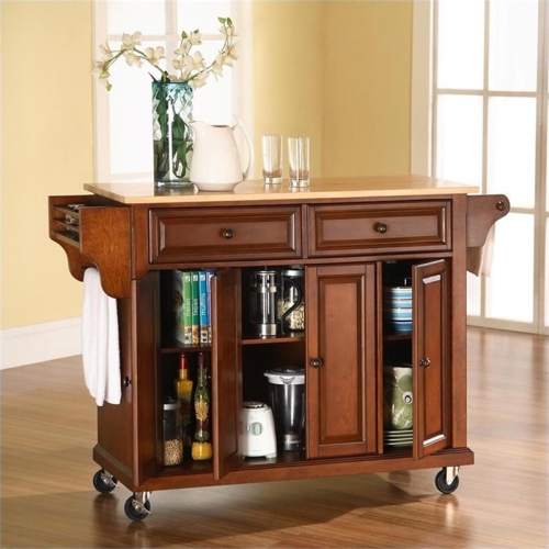 Crosley Natural Wood Top Kitchen Cart in Cherry