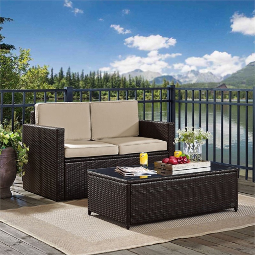 Crosley Palm Harbor 2 Piece Wicker Patio Sofa Set in Brown and Sand