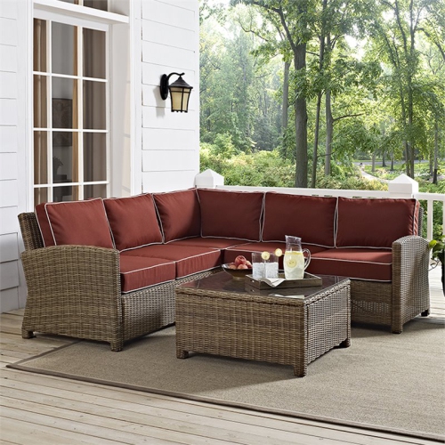 Crosley Bradenton 4 Piece Wicker Patio Sectional Set in Brown and Sangria