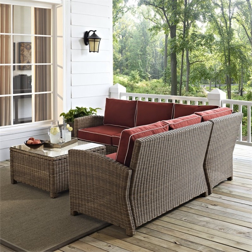 Crosley Bradenton 4 Piece Wicker Patio Sectional Set in Brown and Sangria