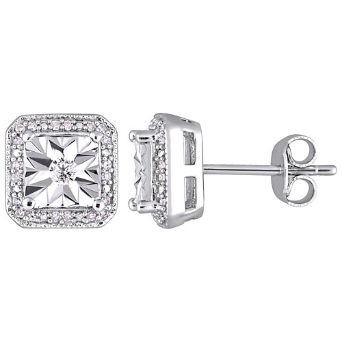 Square Halo Stud Earrings in Sterling Silver with 0.2ctw Round Diamonds