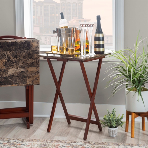 Linon Faux Marble Wood Five Piece Tray Table Set in Brown
