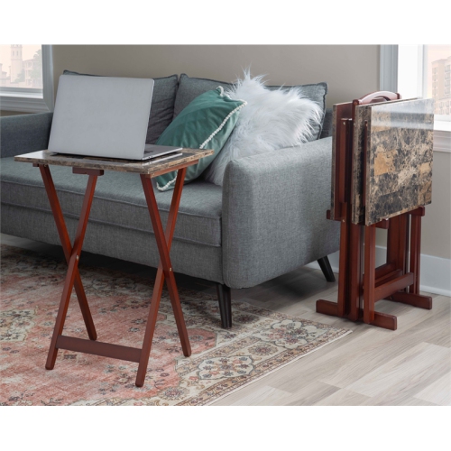Linon Faux Marble Wood Five Piece Tray Table Set in Brown