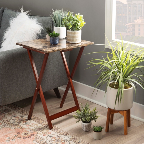 Linon Faux Marble Wood Five Piece Tray Table Set in Brown