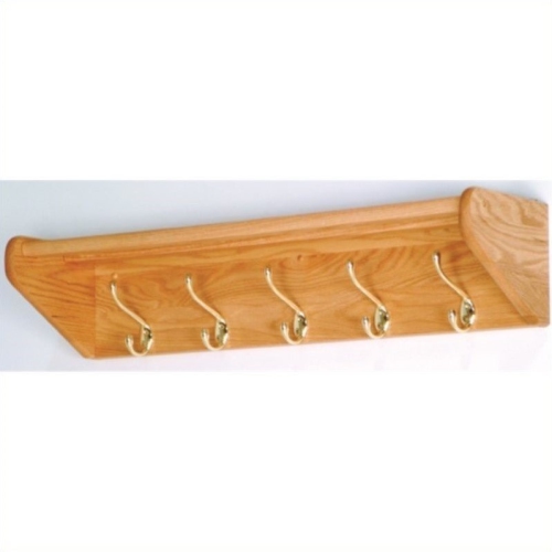 WOODEN MALLET  Hat And Coat Rack With 5 Brass Hooks In Light Oak