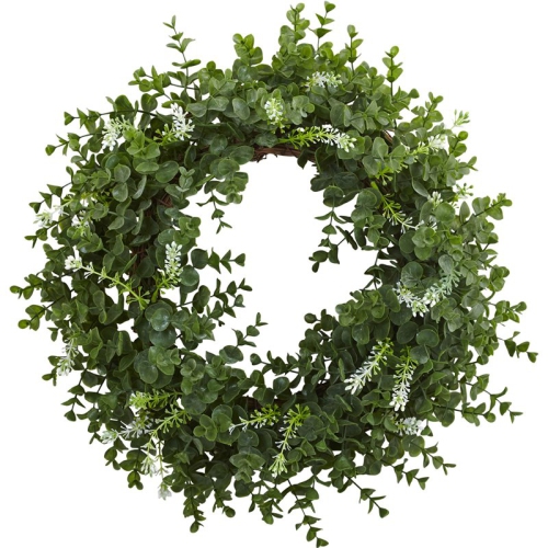 NEARLY NATURAL  18" Eucalyptus Double Ring Wreath With Twig Base In In Green