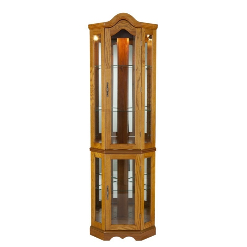SEI Furniture Riley Lighted Corner Curio Cabinet in Golden Oak