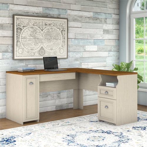 Fairview 60W L Shaped Desk with Storage in Antique White - Engineered Wood