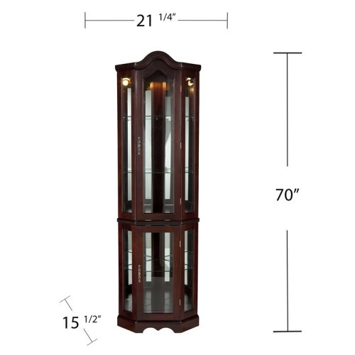 SEI Furniture Mahogany Lighted Corner Curio Cabinet