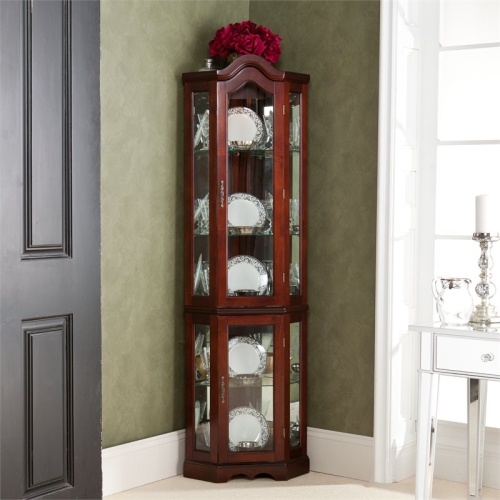 SEI Furniture Mahogany Lighted Corner Curio Cabinet