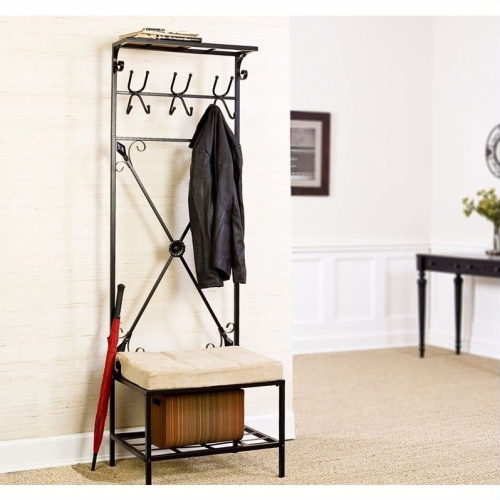 SEI Furniture Leon Entryway Storage Rack-Bench Seat in Textured Black