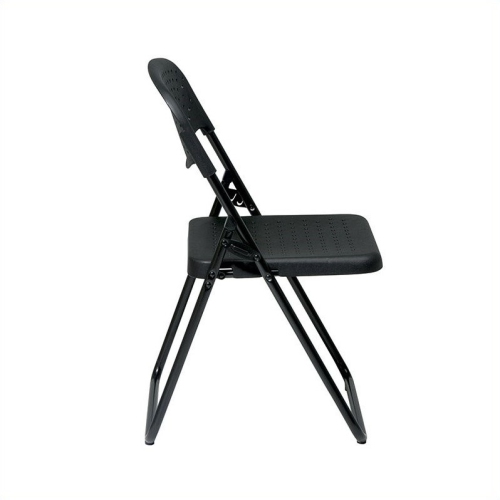 Folding Chair with Black Plastic Seat and Back and Black Frame.