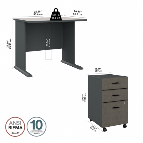 Series A 36" Desk with Mobile File Cabinet in Slate/White - Engineered Wood