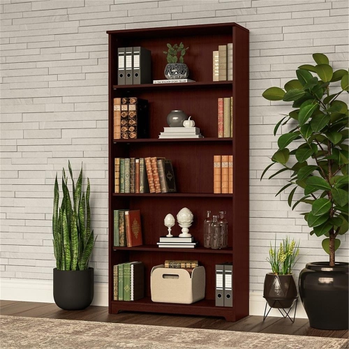 Bush Cabot 5-Shelf Engineered Wood Tall Bookcase in Harvest Cherry