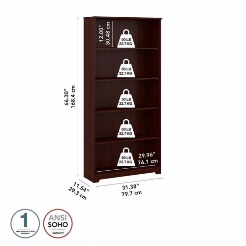 Bush Cabot 5-Shelf Engineered Wood Tall Bookcase in Harvest Cherry
