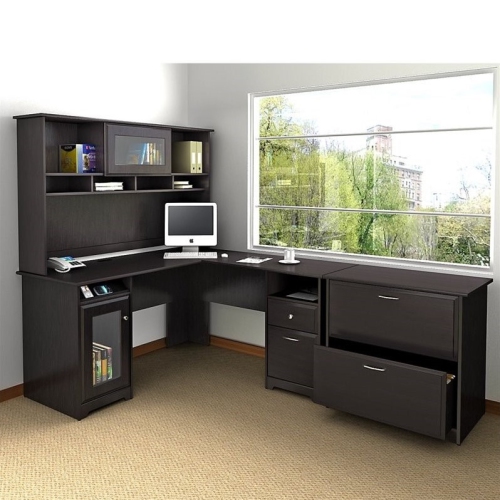 Cabot L Desk with Hutch & Lateral File Cabinet in Espresso Oak - Engineered Wood