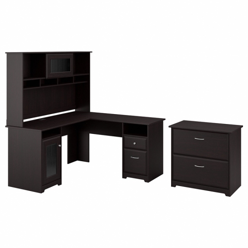 Cabot L Desk with Hutch & Lateral File Cabinet in Espresso Oak - Engineered Wood