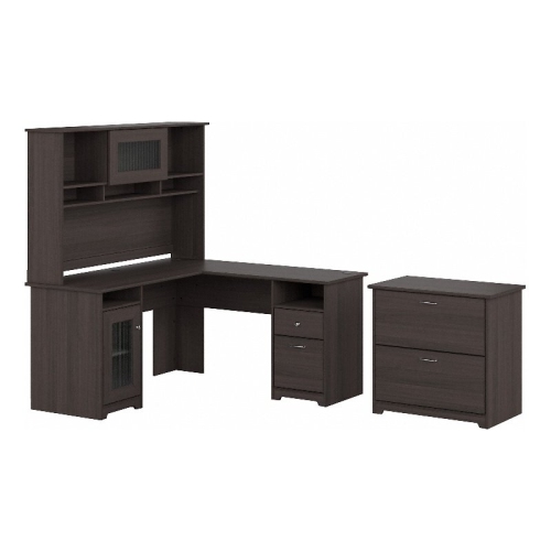 Cabot L Desk with Hutch & File Cabinet in Heather Gray - Engineered Wood