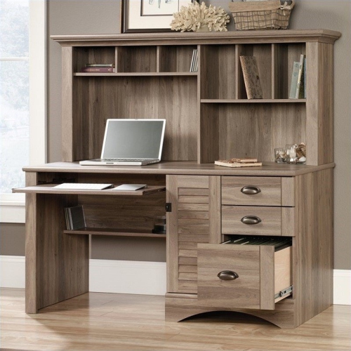 Sauder Harbor View Computer Desk with Hutch in Salt Oak