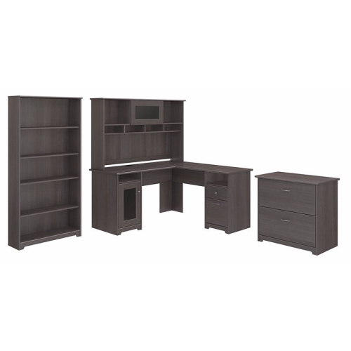 BUSH Cabot L Desk With Hutch File & Bookcase In Heather Gray - Engineered Wood