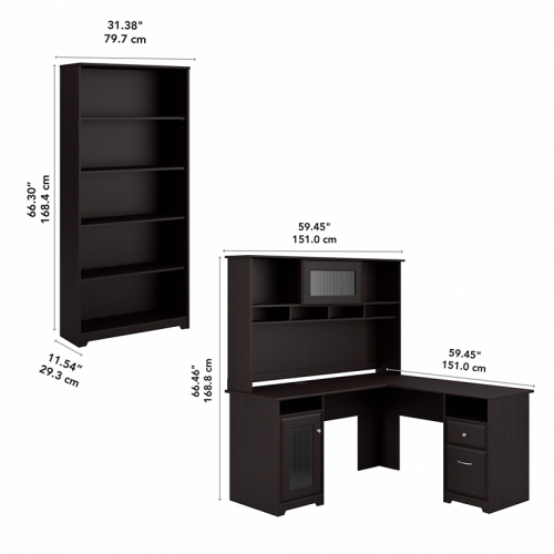 Cabot L Desk with Hutch and 5 Shelf Bookcase in Espresso Oak - Engineered Wood