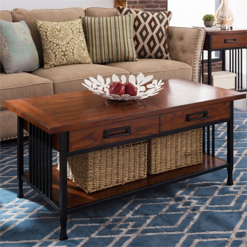 Leick Ironcraft Wood Coffee Table in Brown Burnished Oak