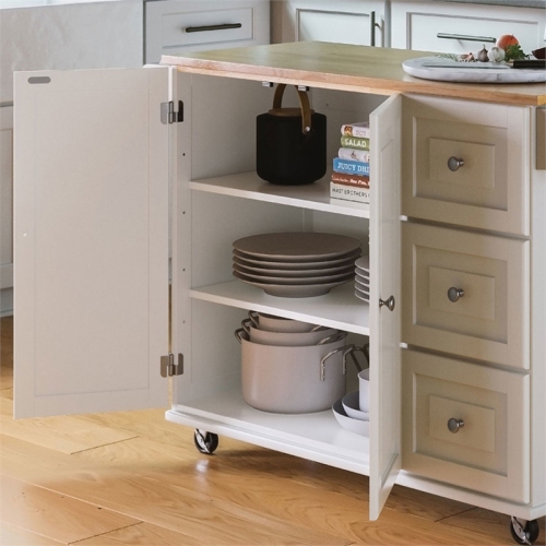 Homestyles Mobile Kitchen Island Cart with Wood Drop Leaf Breakfast Bar in White