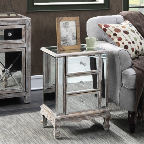 Three Drawer Mirrored End Table, Wood Mirrored Side Table