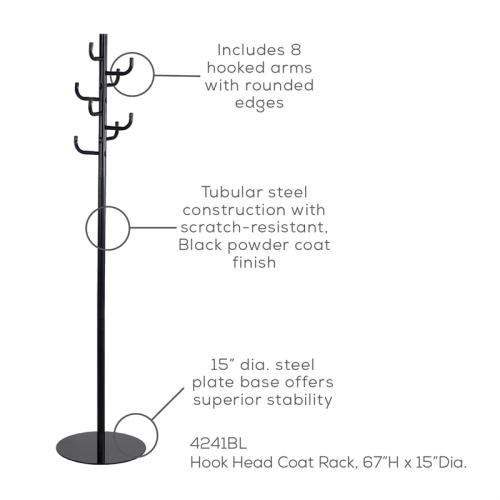 Safco's Steel Hook Head Coat Rack in Black - 15"W x 68"H