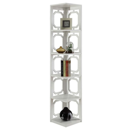 Convenience Concepts Omega Five-Shelf Corner Bookcase in White Wood Finish