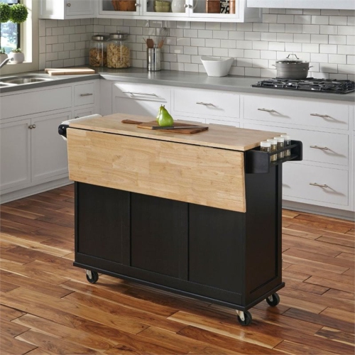 Homestyles Mobile Kitchen Island Cart with Wood Drop Leaf Breakfast Bar in Black