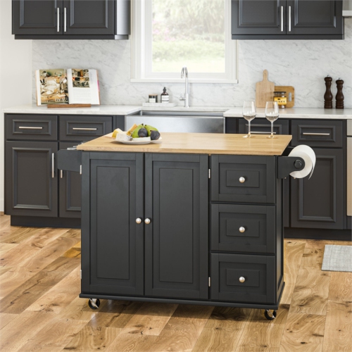 Homestyles Mobile Kitchen Island Cart with Wood Drop Leaf Breakfast Bar in Black