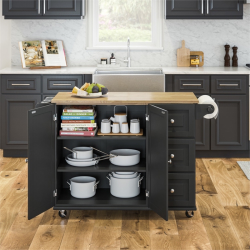 Homestyles Mobile Kitchen Island Cart with Wood Drop Leaf Breakfast Bar in Black