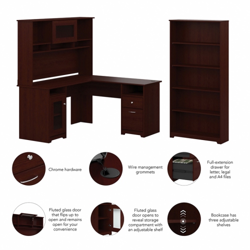 Bush Furniture Cabot L Shaped Desk with Hutch and 5 Shelf Bookcase