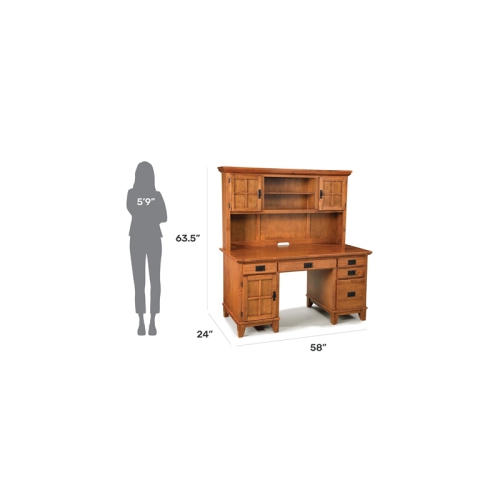 Homestyles Arts & Crafts Wood Pedestal Desk with Hutch in Brown