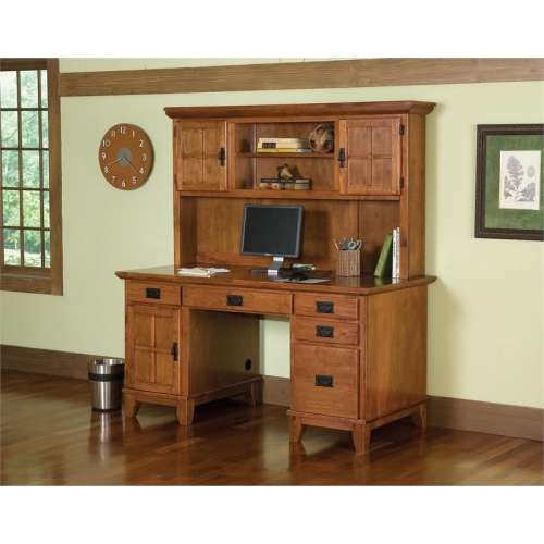 Homestyles Arts & Crafts Wood Pedestal Desk with Hutch in Brown