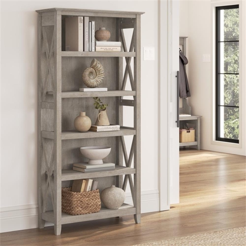 Bush Furniture Key West 5 Shelf Bookcase in Washed Gray